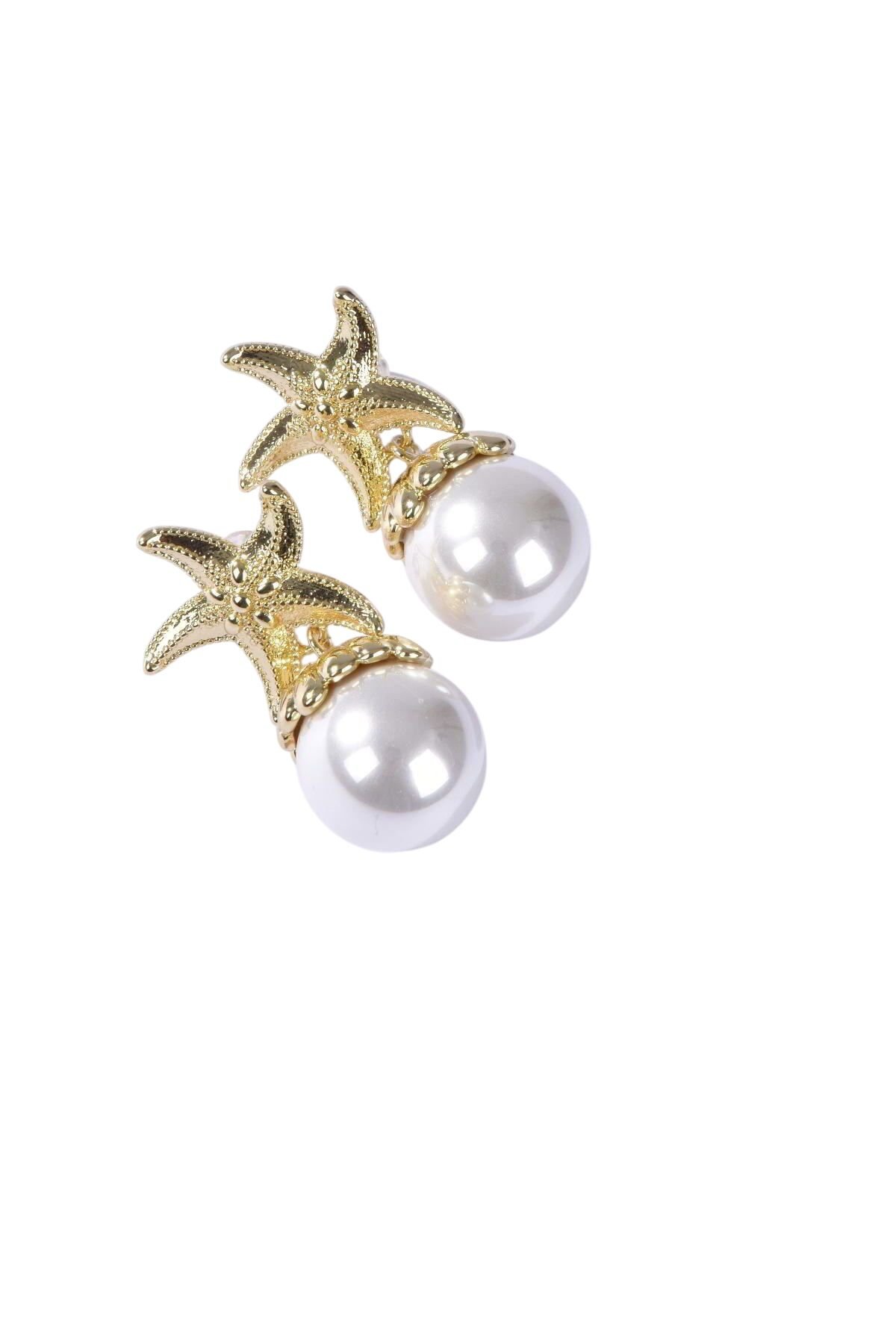 Piggu Deniz Yıldızı Motifli İnci Küpe Altın Rengi