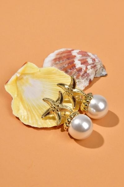 Piggu Deniz Yıldızı Motifli İnci Küpe Altın Rengi